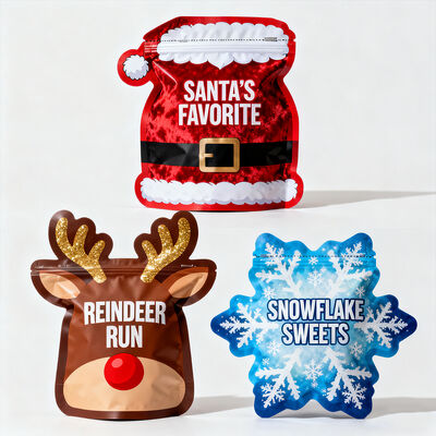 Gravure Printing Matte Zipper Bag Food Grade 3.5g Shape Stand Pouches with Christmas Element Diecut Decoration