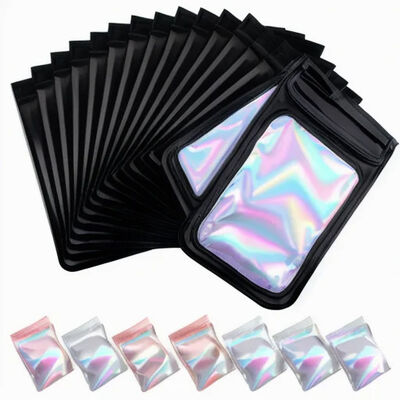 Zipper Bag Customized Holographic Mylar Yin Yang Accessories Bag Biodegradable Cosmetic Plastic Packaging 3 Side Sealed