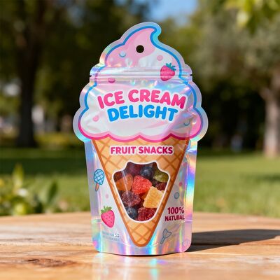 Food Grade Material Industrial Food Resealable Zipper Smell Proof Custom Die Cut Plastic Bag Ice Cream Gelato Shape Packaging with Hang Hole